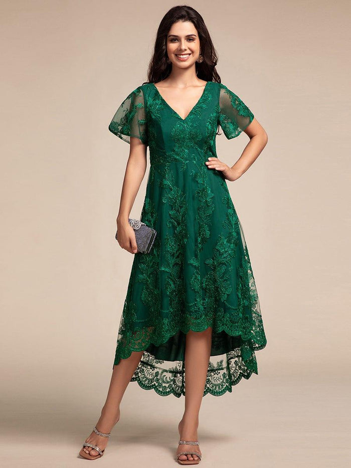 Elegant Short Sleeves Embroidered Mesh A-Line Midi Wedding Guest Dress