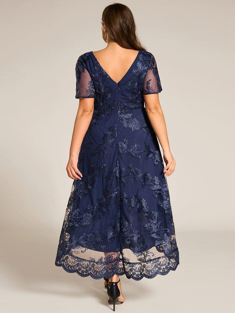 Embroidered Mesh Double V Neck Midi Mother of the Bride Dress
