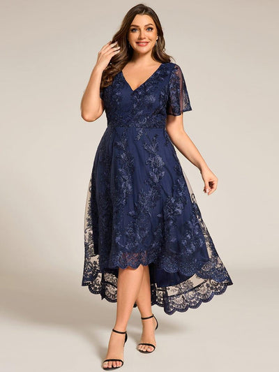 Plus Size Embroidered Mesh A-Line Asymmetrical Hem Midi Wedding Guest