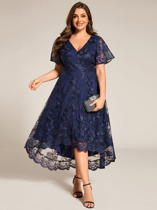 Plus Size Embroidered Mesh A-Line Asymmetrical Hem Midi Wedding Guest ...