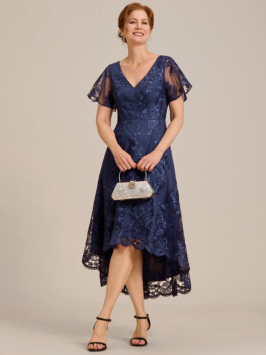 Embroidered Mesh Double V Neck Midi Mother of the Bride Dress