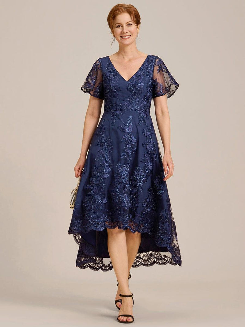 Embroidered Mesh Double V Neck Midi Mother of the Bride Dress