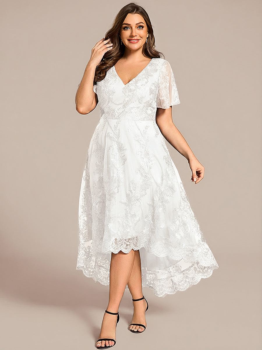 Plus Size Short Sleeves Embroidered Mesh A-Line V-Neck Midi Wedding Guest Dress #color_White