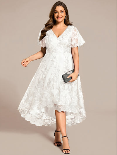 Plus Size Short Sleeves Embroidered Mesh A-Line V-Neck Midi Wedding Guest Dress #color_White