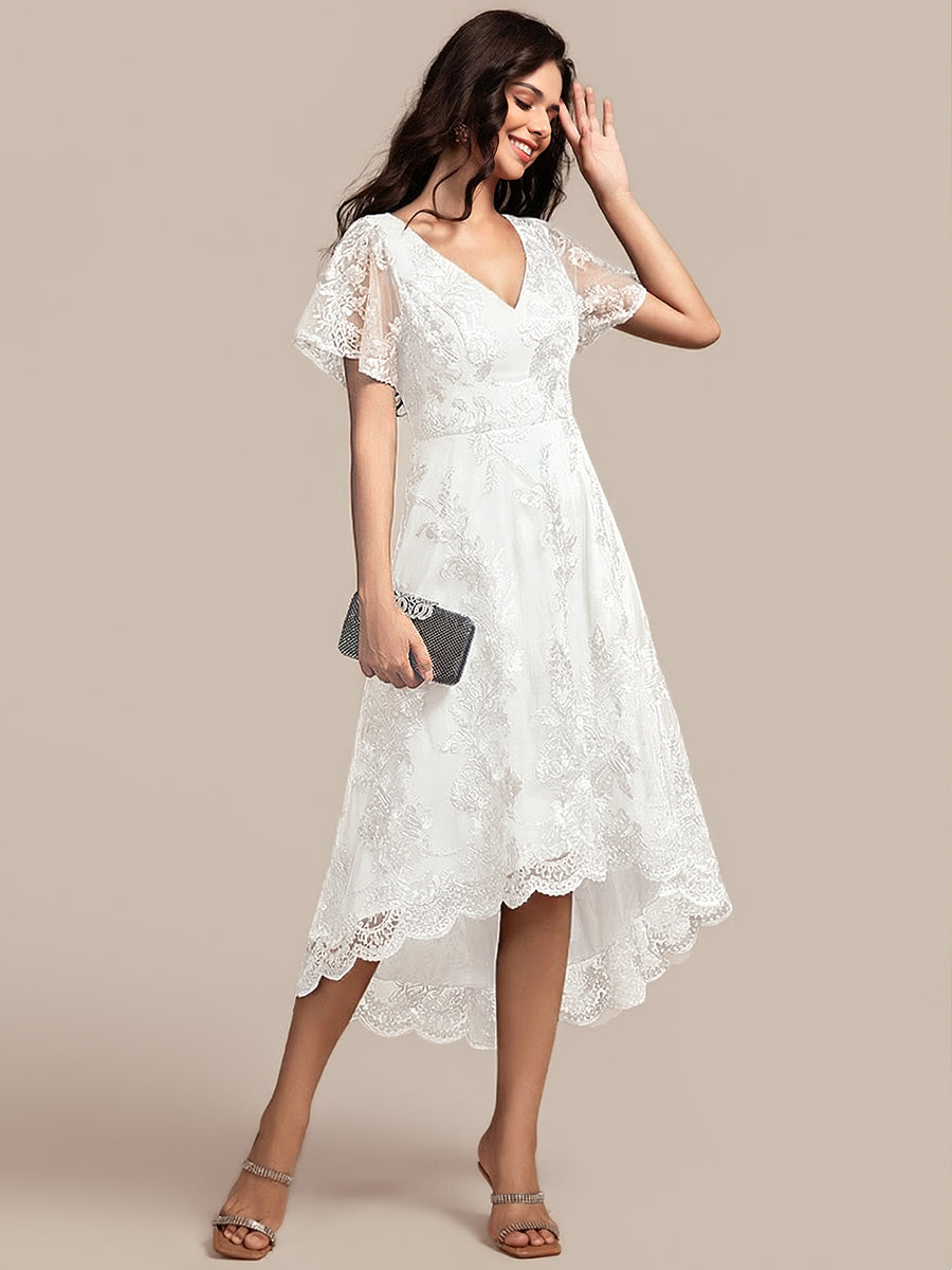 Embroidered Mesh Double V-Neck Short Sleeves Midi Wedding Guest Dress #color_White