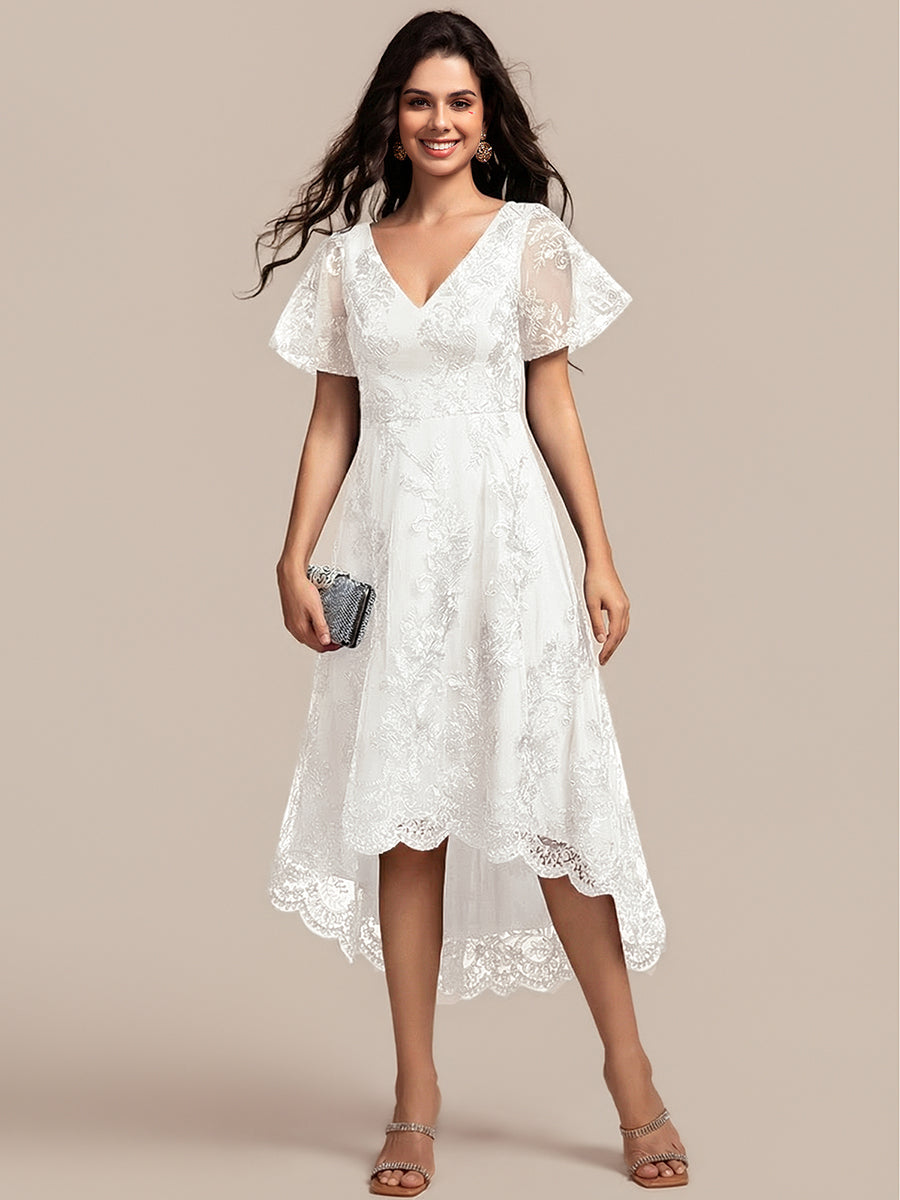 Embroidered Mesh Double V-Neck Short Sleeves Midi Wedding Guest Dress #color_White