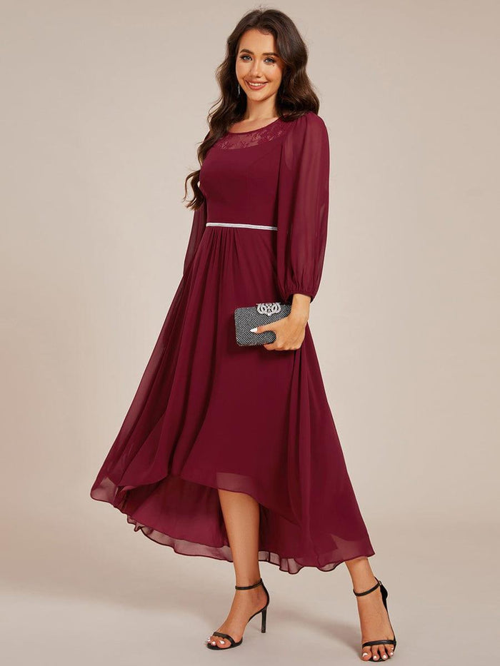 Chiffon Midi Wedding Guest Dress with Long Sleeve and Waist Chain