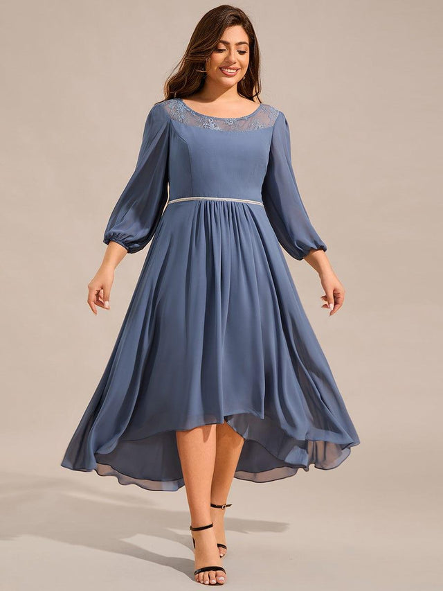 Chiffon Midi Wedding Guest Dress with Long Sleeve and Waist Chain