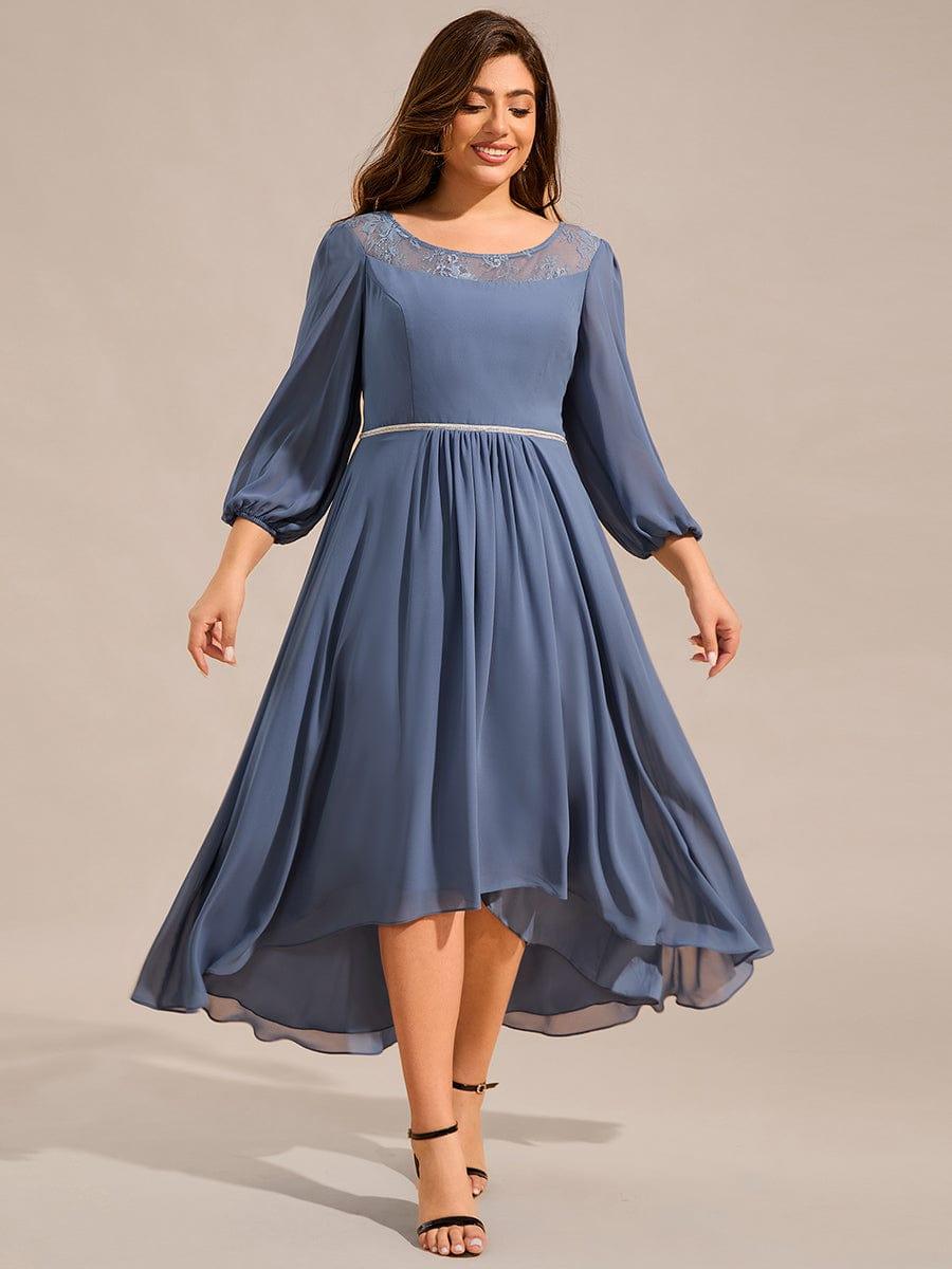 Plus Size Lace Round Neck Long Sleeve Chiffon Midi Wedding Guest Dress #color_Dusty Blue
