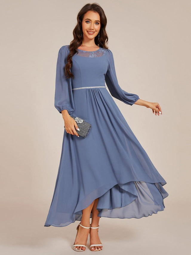Chiffon Midi Wedding Guest Dress with Long Sleeve and Waist Chain