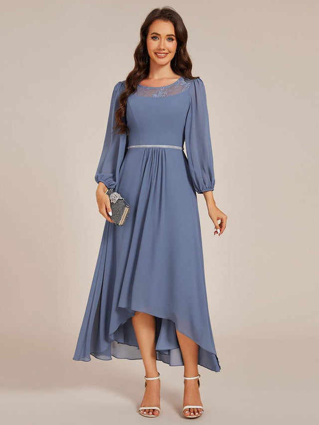 Chiffon Midi Wedding Guest Dress with Long Sleeve and Waist Chain
