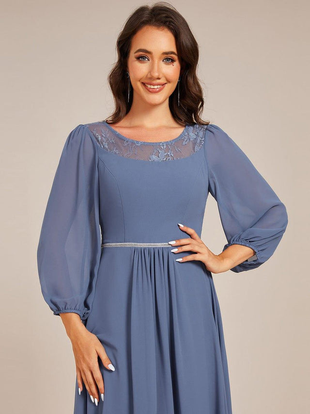 Chiffon Midi Wedding Guest Dress with Long Sleeve and Waist Chain