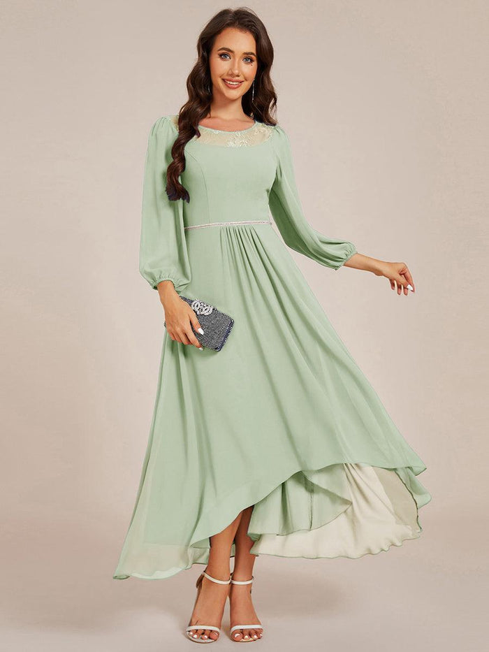 Chiffon Midi Wedding Guest Dress with Long Sleeve and Waist Chain