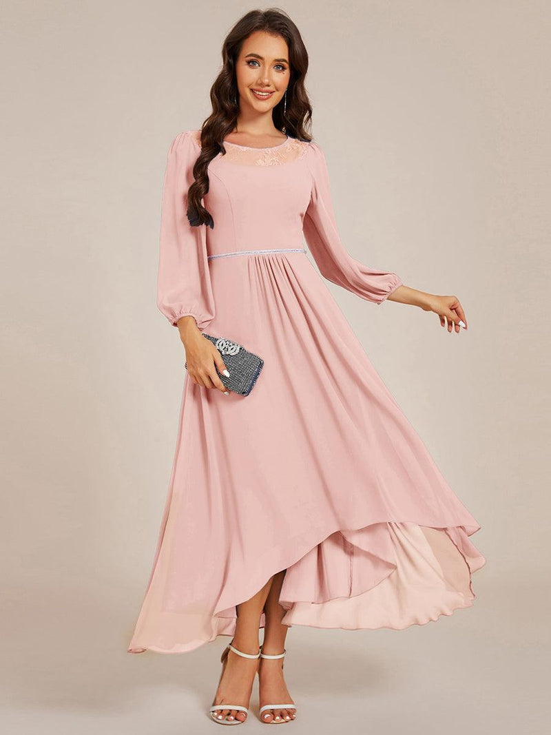 Chiffon Midi Wedding Guest Dress with Long Sleeve and Waist Chain