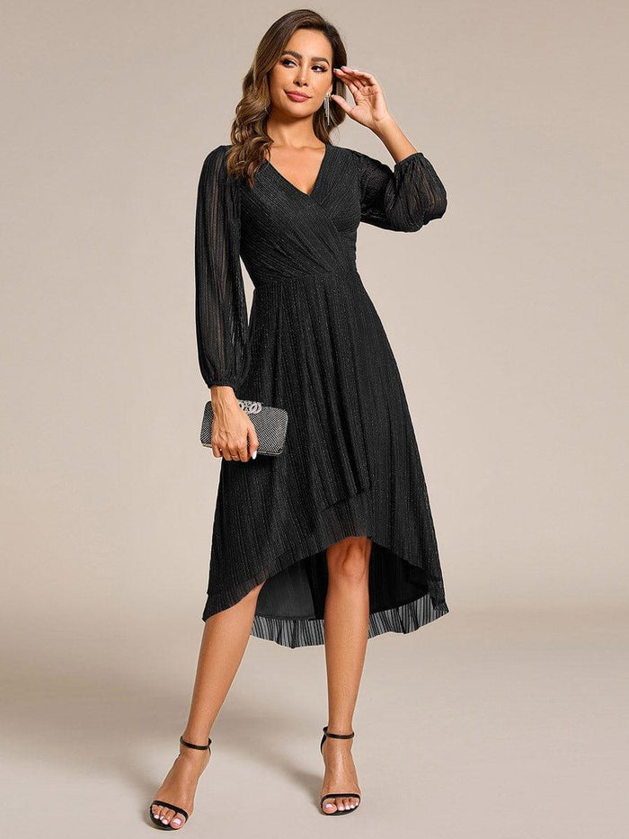Sparkling Long Sleeve V-Neck A-Line Midi Wedding Guest Dress