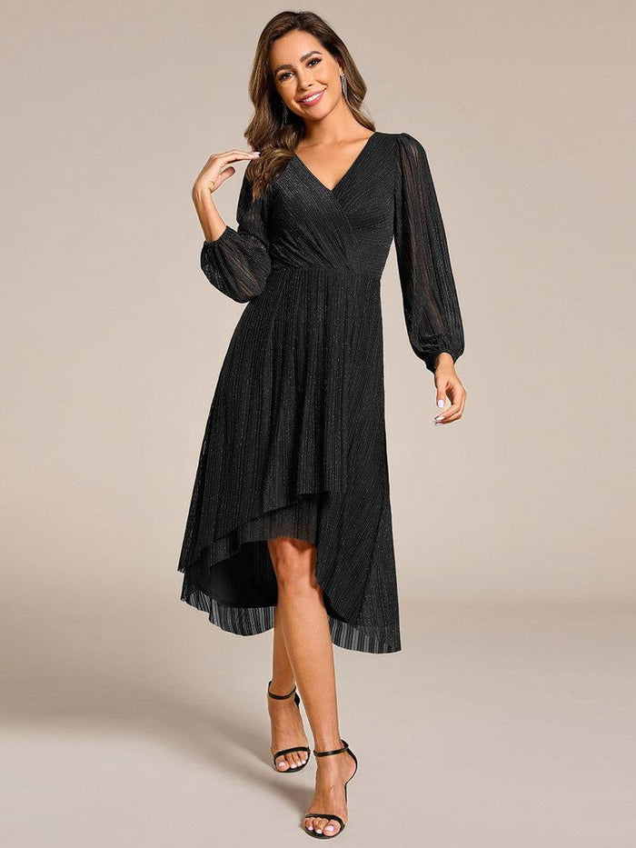Sparkling Long Sleeve V-Neck A-Line Midi Wedding Guest Dress