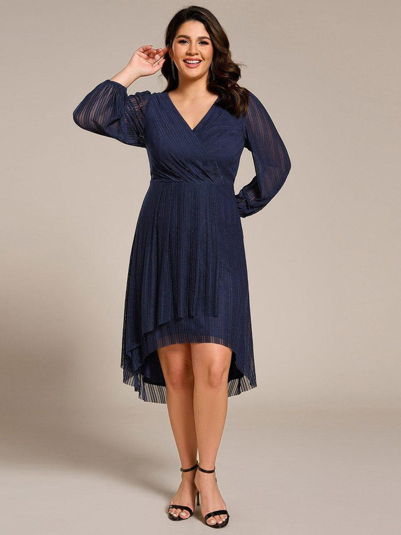 Plus Size Glitter V-Neck Pleated Long Sleeve Midi Wedding Guest Dress