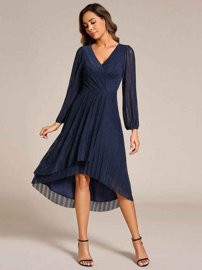 Sparkling Long Sleeve V-Neck A-Line Midi Wedding Guest Dress