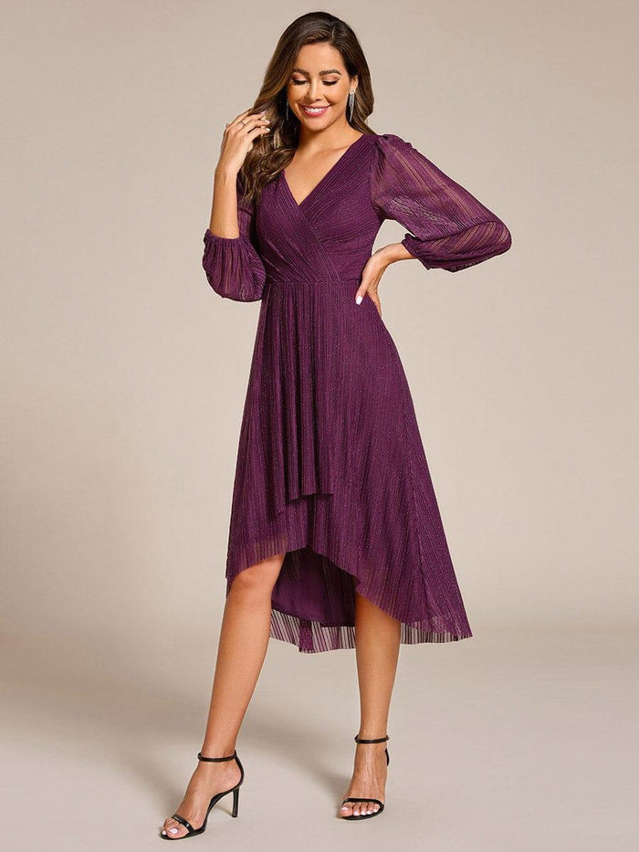 Sparkling Long Sleeve V-Neck A-Line Midi Wedding Guest Dress