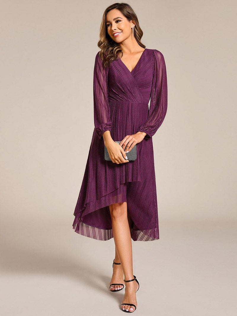 Sparkling Long Sleeve V-Neck A-Line Midi Wedding Guest Dress