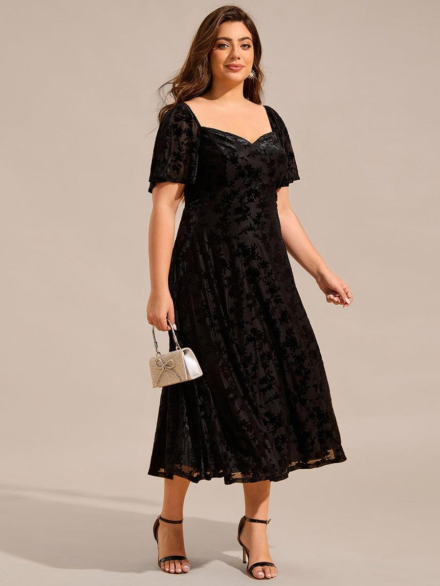 Plus Size Printed Velvet A-Line Short Sleeve Tea Length Wedding Guest Dress #color_Black