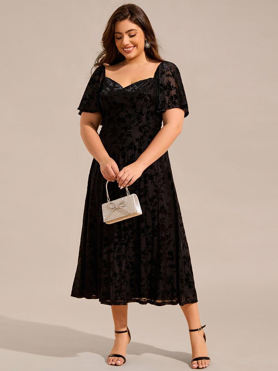 Plus Size Printed Velvet A-Line Short Sleeve Tea Length Wedding Guest Dress #color_Black