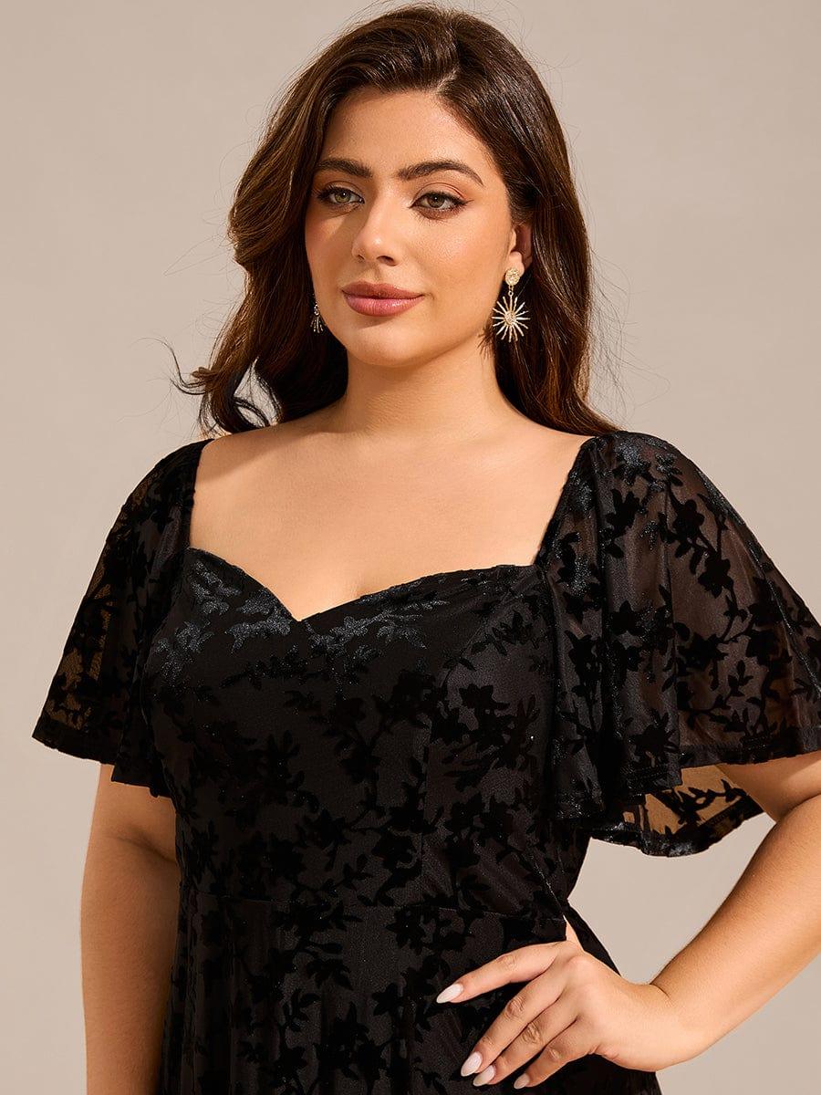 Plus Size Printed Velvet A-Line Short Sleeve Tea Length Wedding Guest Dress #color_Black