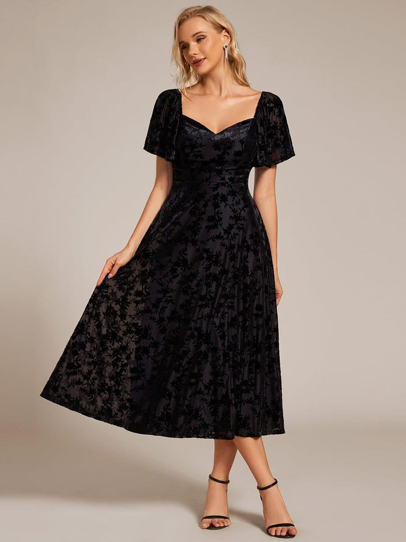 Luxurious Stretchy Velvet Short Sleeve Tea Length Wedding Guest Dress
