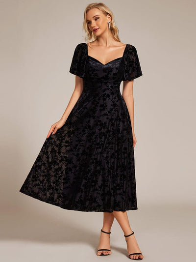 Elegant Stretchy Short Sleeve Tea Length Velvet Wedding Guest Dress #color_Black