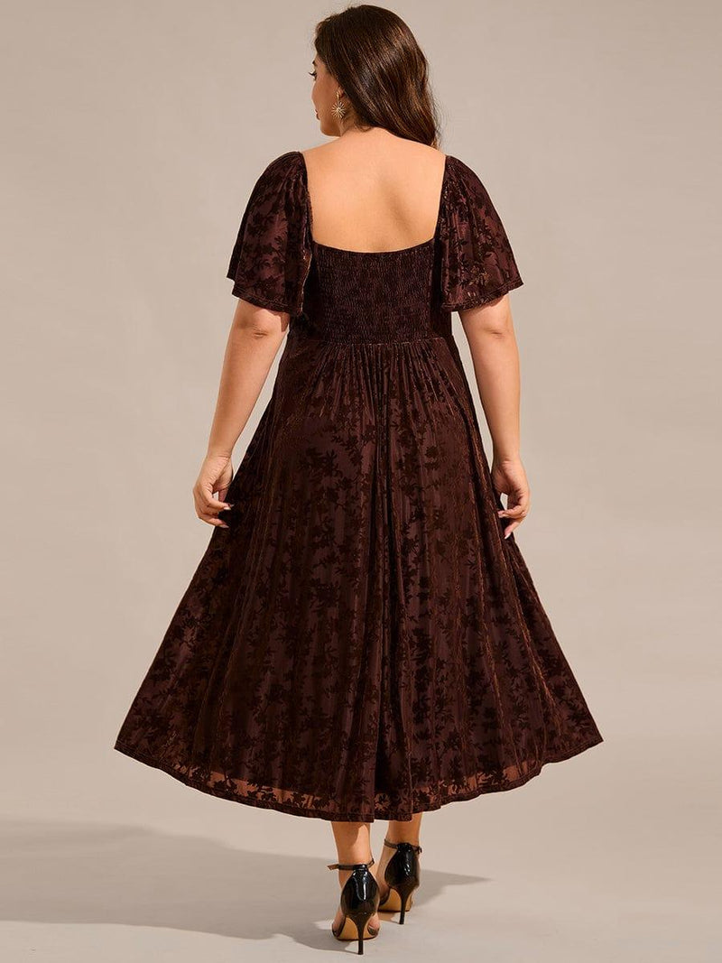 Plus-Size-V-Neck Tea Length Velvet Wedding Guest Dresses