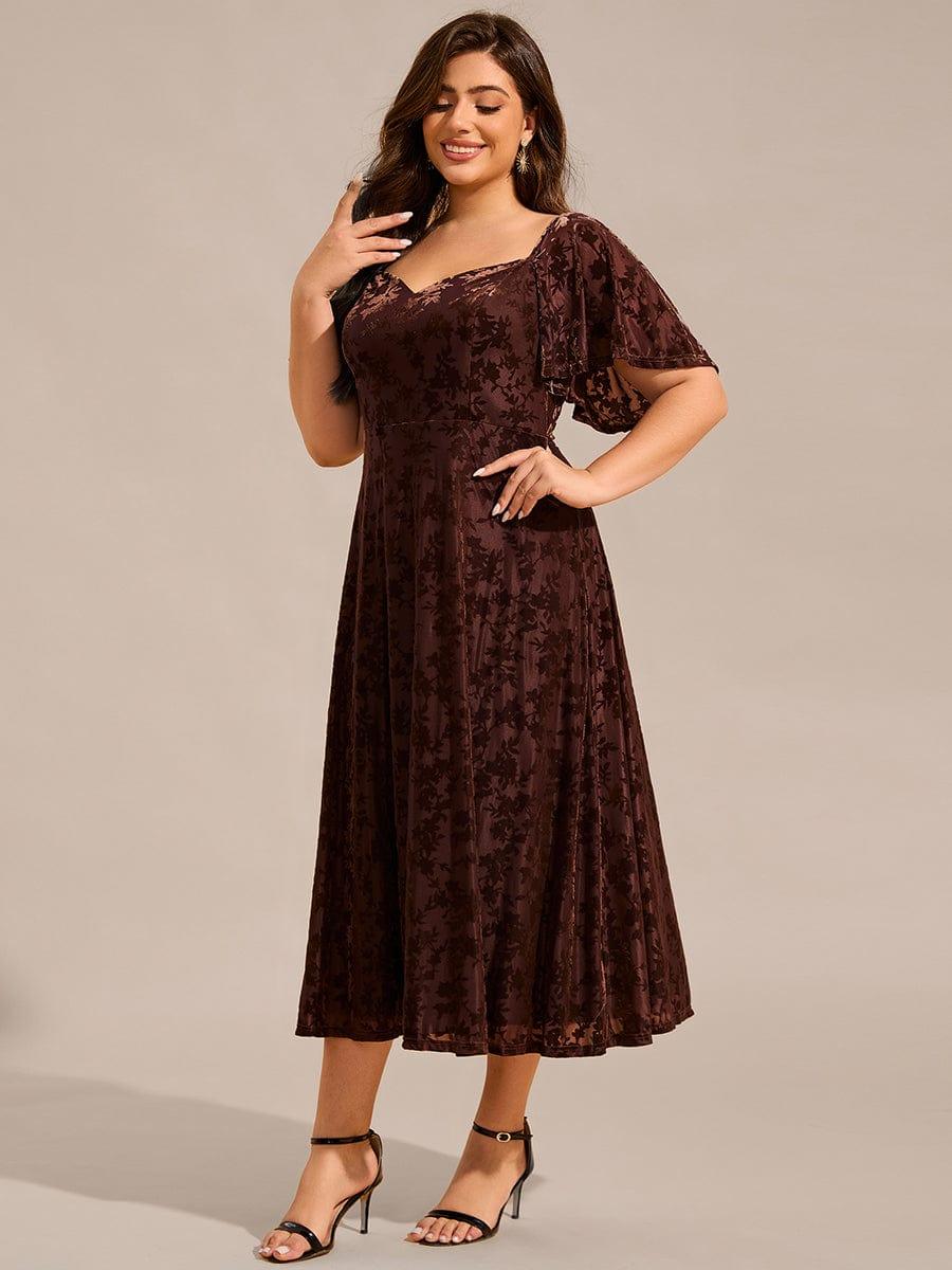 Plus Size Printed Velvet A-Line Short Sleeve Tea Length Wedding Guest Dress #color_Coffee
