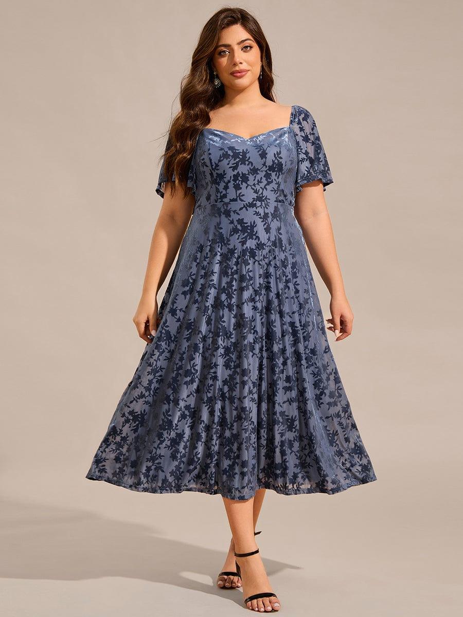 Plus Size Printed Velvet A-Line Short Sleeve Tea Length Wedding Guest Dress #color_Dusty Blue