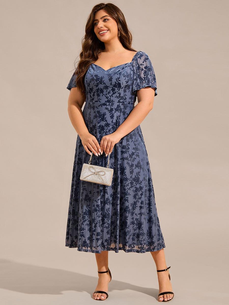 Plus Size Printed Velvet A-Line Short Sleeve Tea Length Wedding Guest Dress #color_Dusty Blue