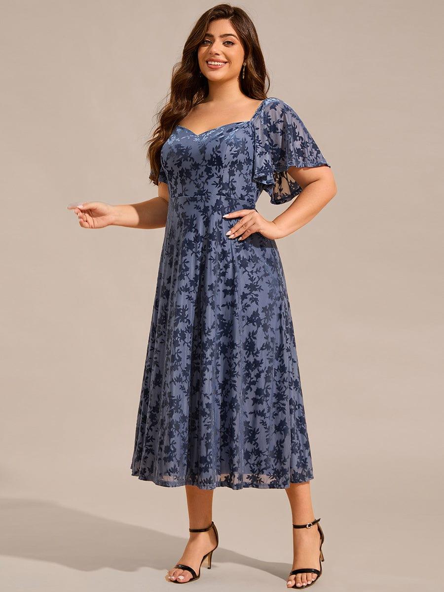 Plus Size Printed Velvet A-Line Short Sleeve Tea Length Wedding Guest Dress #color_Dusty Blue