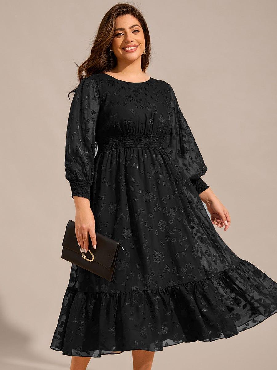 Plus Size Long Sleeve Round Neckline Midi Chiffon Wedding Guest Dress  #color_Black