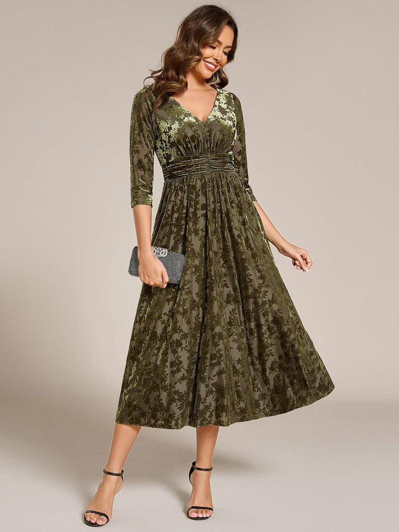 Floral Velvet Pleated V-Neck Wedding Guest Dress with Pockets