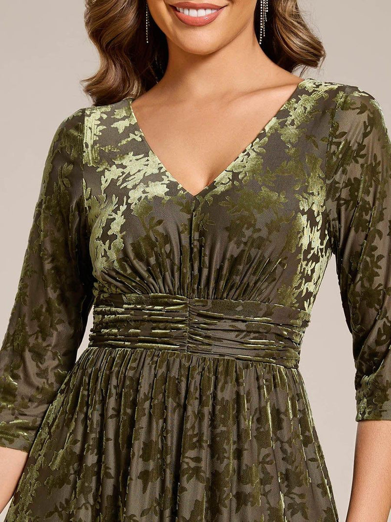 Floral Velvet Pleated V-Neck Wedding Guest Dress with Pockets