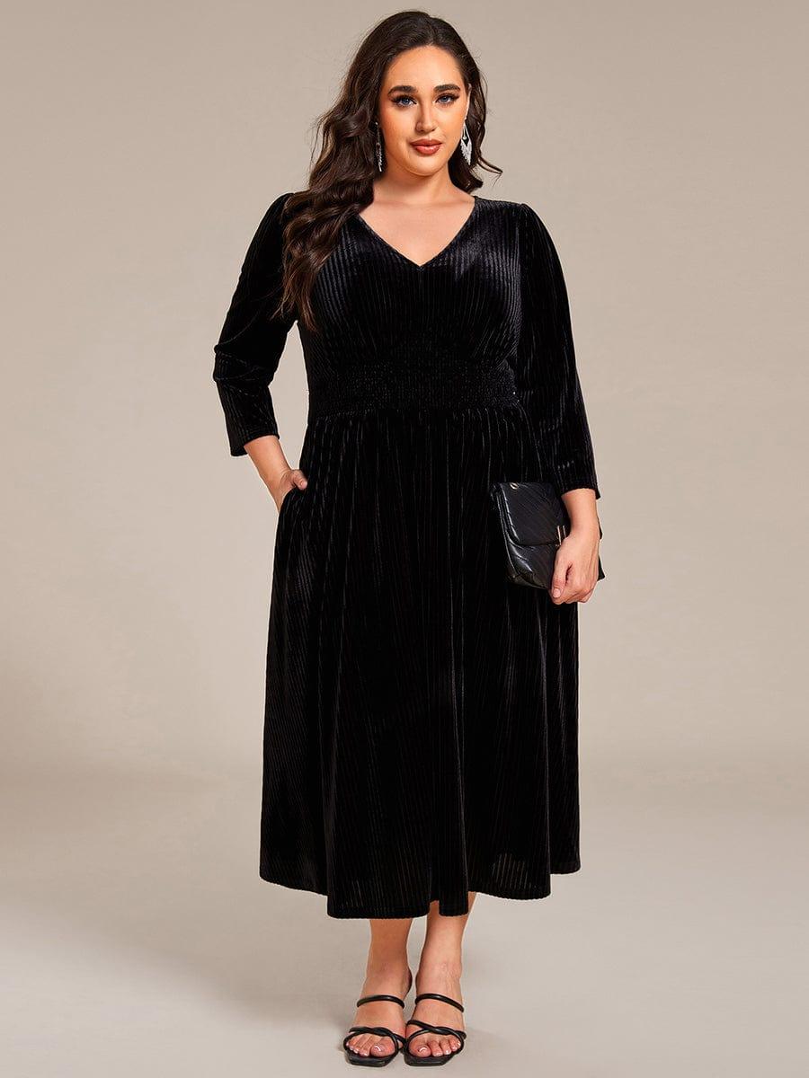 plus size black tea length dress Elegant Long Sleeve Velvet Tea-Length for Wedding Guests The Palais Noir Satin Gown