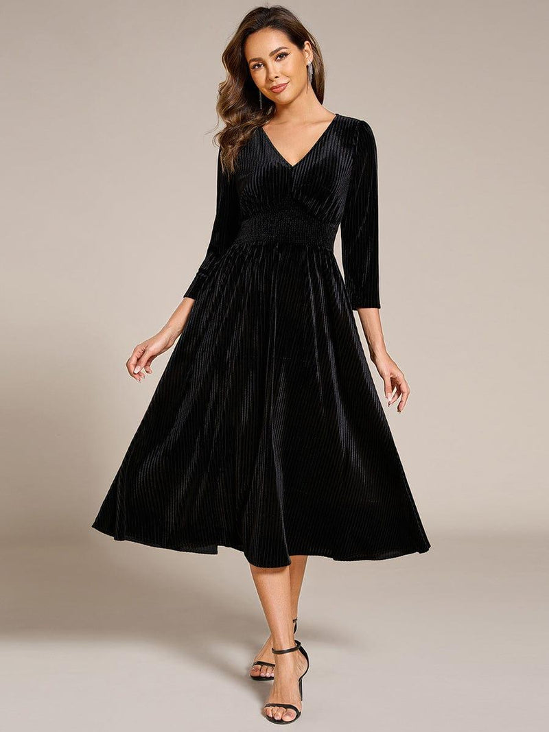 Elegant Long Sleeve Velvet Tea-Length Dress for Wedding Guests