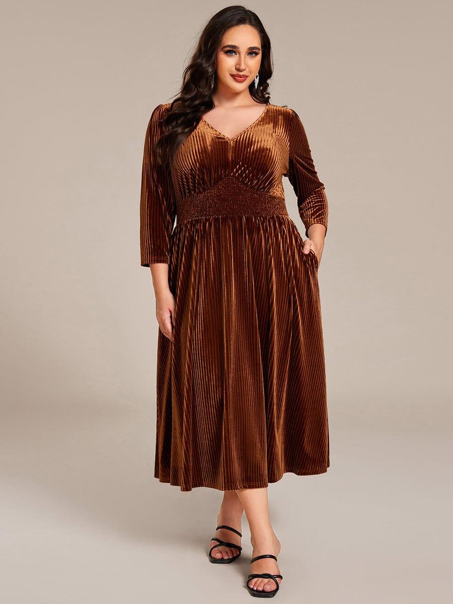 Elegant Long Sleeve Velvet Tea-Length Dress for Wedding Guests