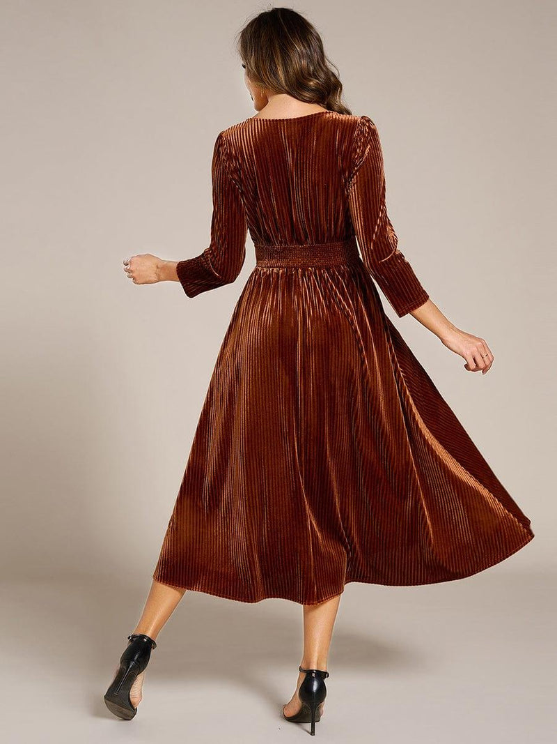 Elegant Long Sleeve Velvet Tea-Length Dress for Wedding Guests
