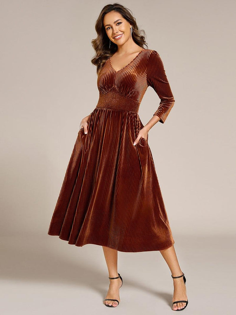 Elegant Long Sleeve Velvet Tea-Length Dress for Wedding Guests