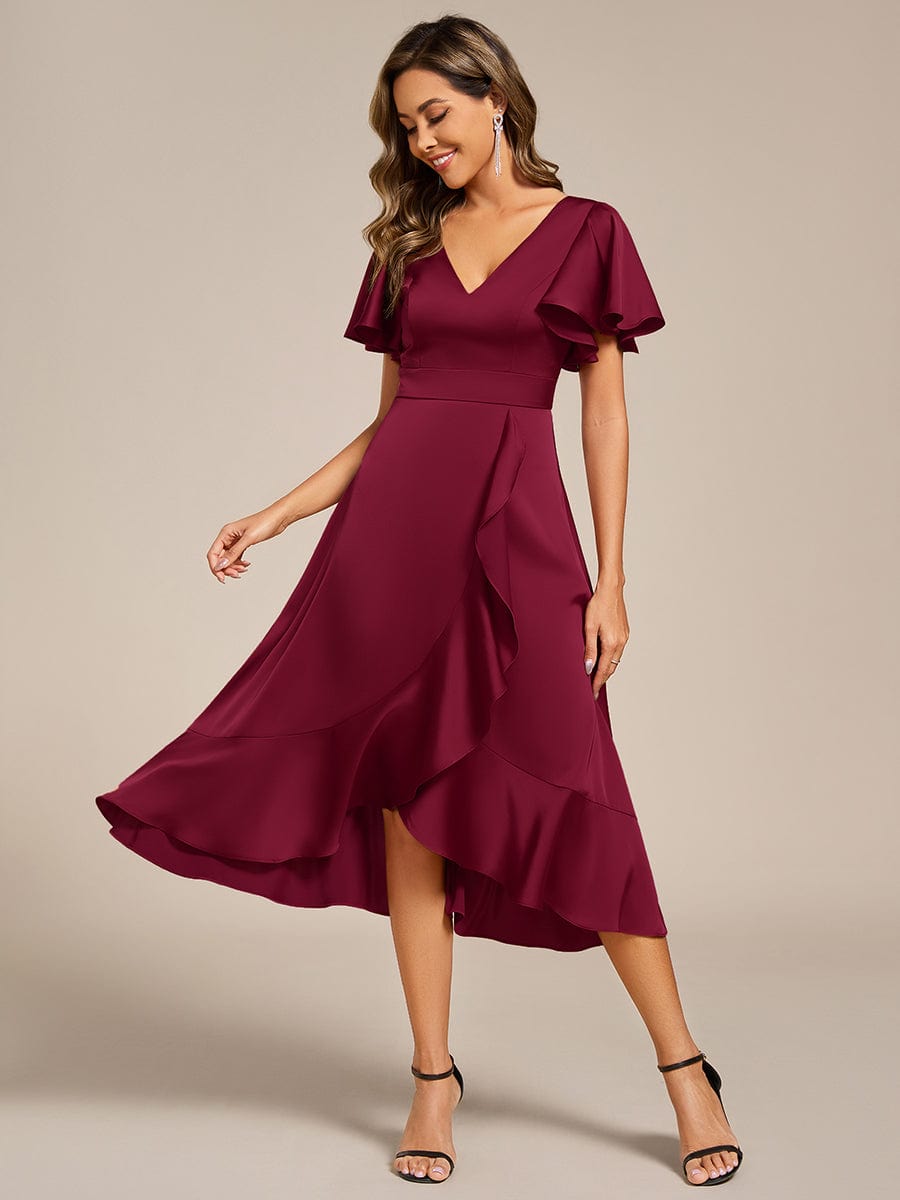 V-Neck Satin Midi Wedding Guest Dress with Ruffled Skirt #color_Burgundy