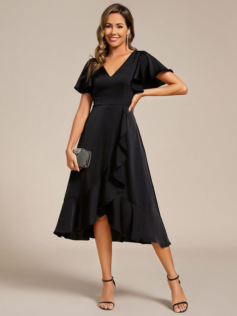 Ruffled V-neck Midi Satin Wedding Guest Dress