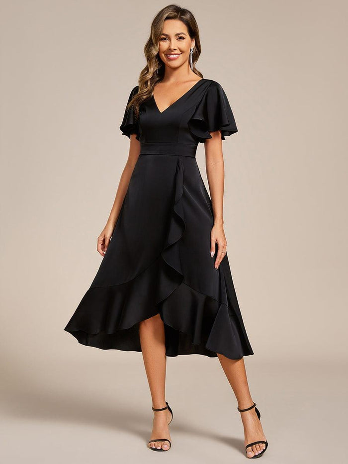 Ruffled V-neck Midi Satin Wedding Guest Dress