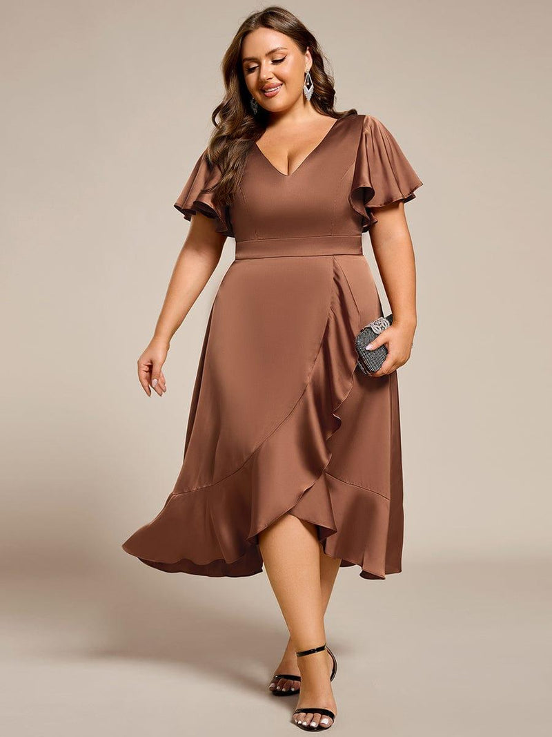 Ruffled V-neck Midi Satin Wedding Guest Dress