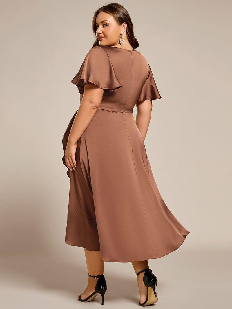 Ruffled V-neck Midi Satin Wedding Guest Dress