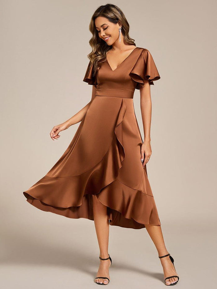 Ruffled V-neck Midi Satin Wedding Guest Dress