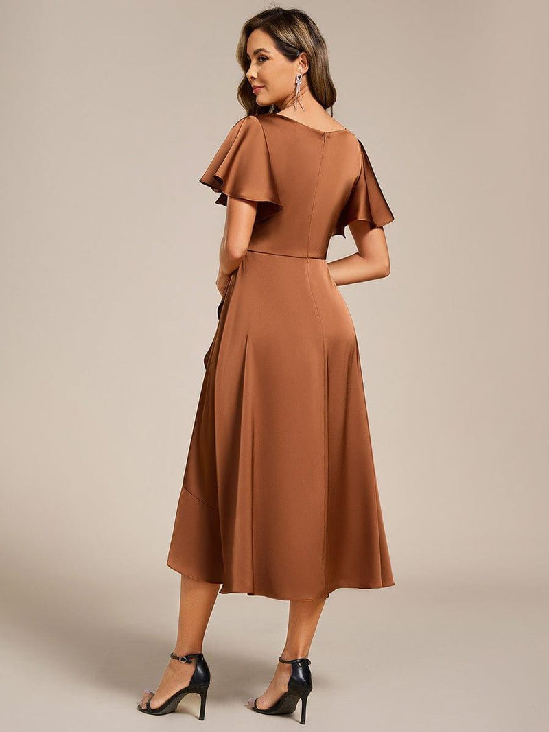 Ruffled V-neck Midi Satin Wedding Guest Dress