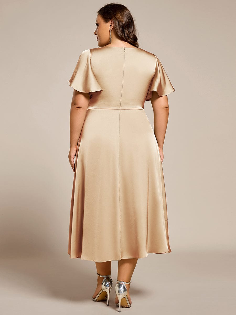 V-Neck Satin Midi Wedding Guest Dress with Ruffled Skirt #color_Champagne